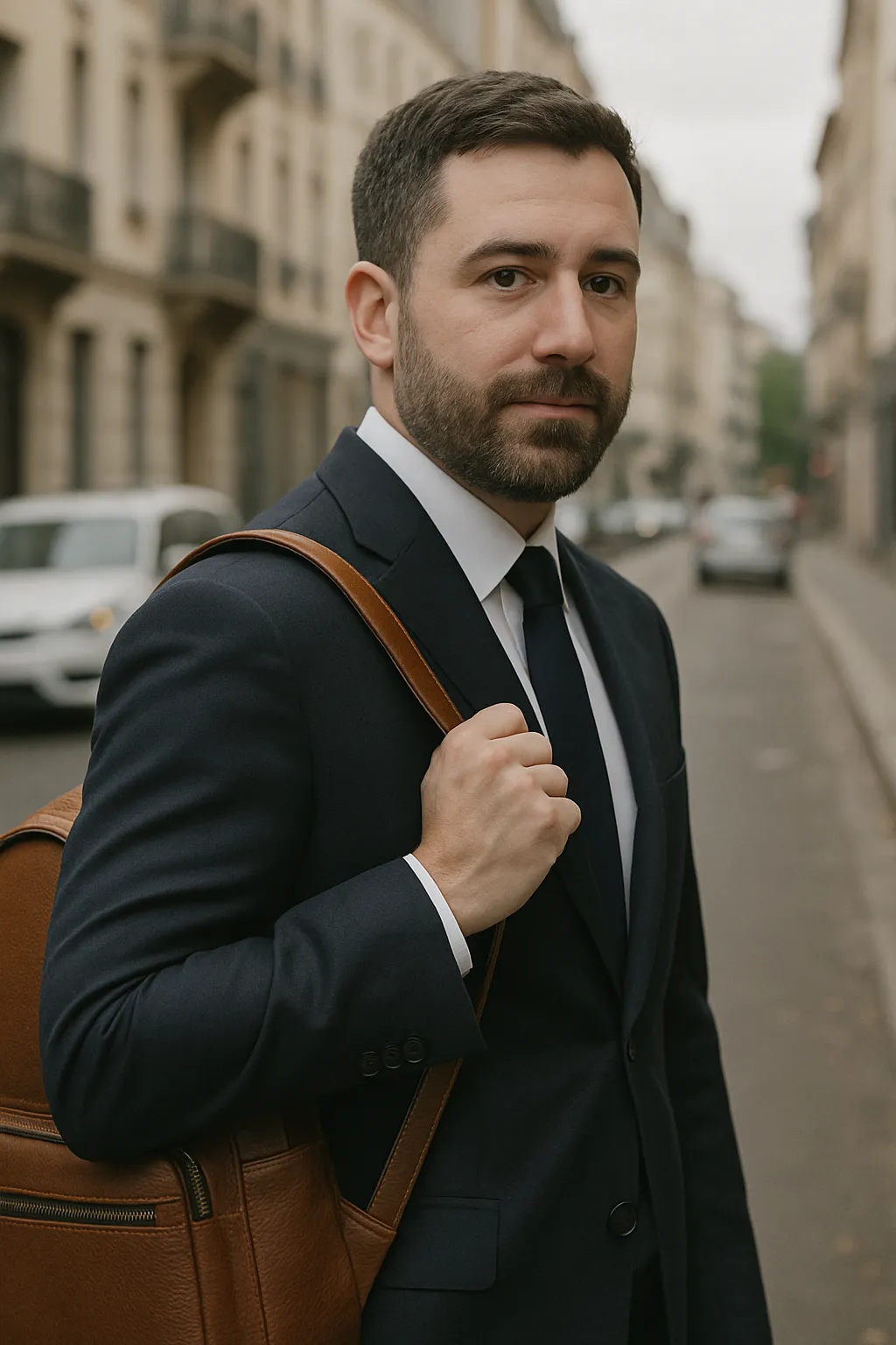  ein Mann mit Leder-Rucksack